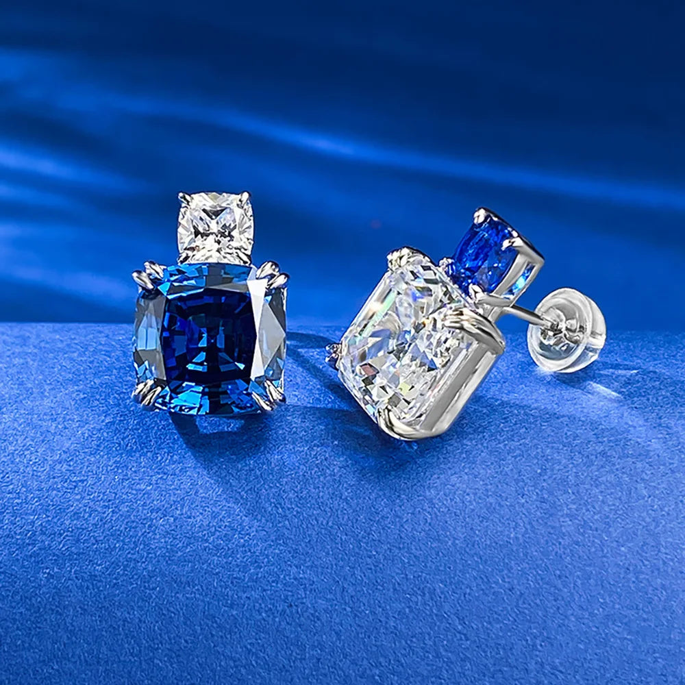 Charms 100% 925 Real Silver 10*10MM Sapphire Lab Diamond Stud Earrings for Women Gemstone Wedding Party Fine Jewelry Lady Gifts - Uknowucme