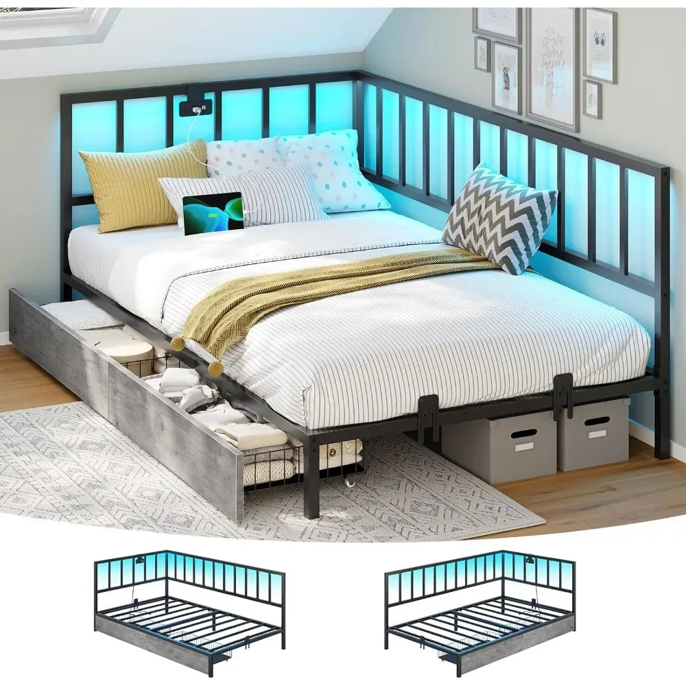 Led Bed Frame with 2 Storage Drawers and Charging Station Twin Platform Corner Bed Frame with Upholstered Guardrail Daybed - Uknowucme