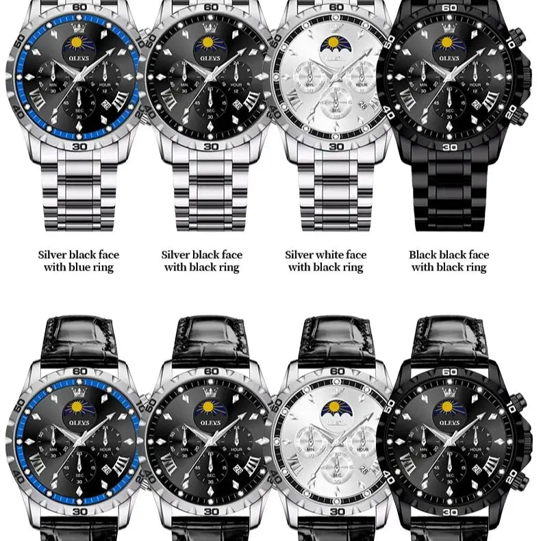 OLEVS 2949 Original Men's Watches Exclusive Design Chronograph Moon Phase Waterproof Leather strap Trend Male Wristwatches - Uknowucme