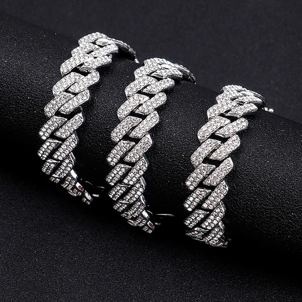 Hip Hop Shiny 15MM Cuban Link Chain Necklace Women Men Silver Color Rhinestone Iced Out Cuban Chain Punk Jewelry Necklace Gift - Uknowucme