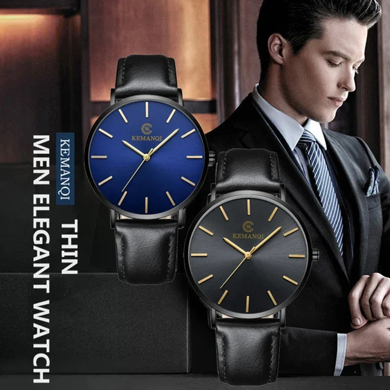 Fashion Ultra Thin Men's Quartz Wristwatch Minimalist Style Mens Watch Leather Band Business Casual Male Clock relogio masculino - Uknowucme