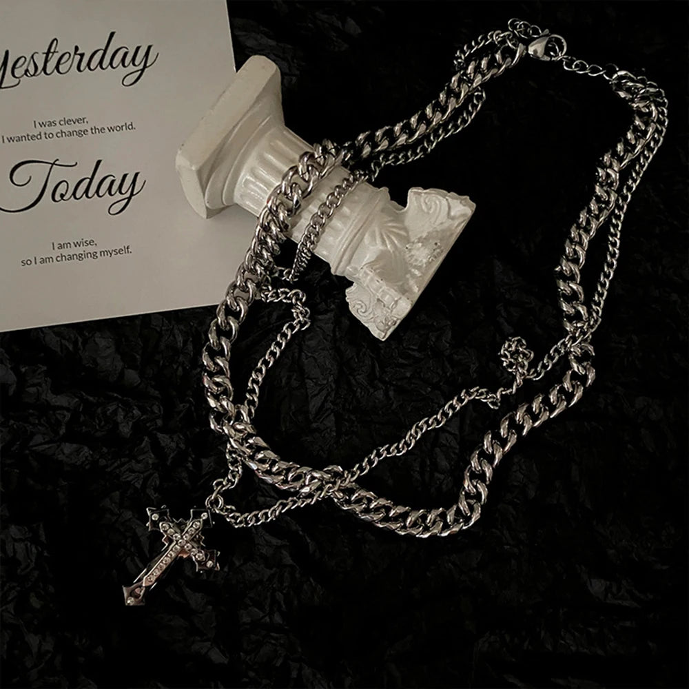 Stainless Steel Double Layer Cuban Chain Cross Pendant Necklace Men Silver Color Punk Hip hop Male Necklace Jewelry 2022 Trend - Uknowucme