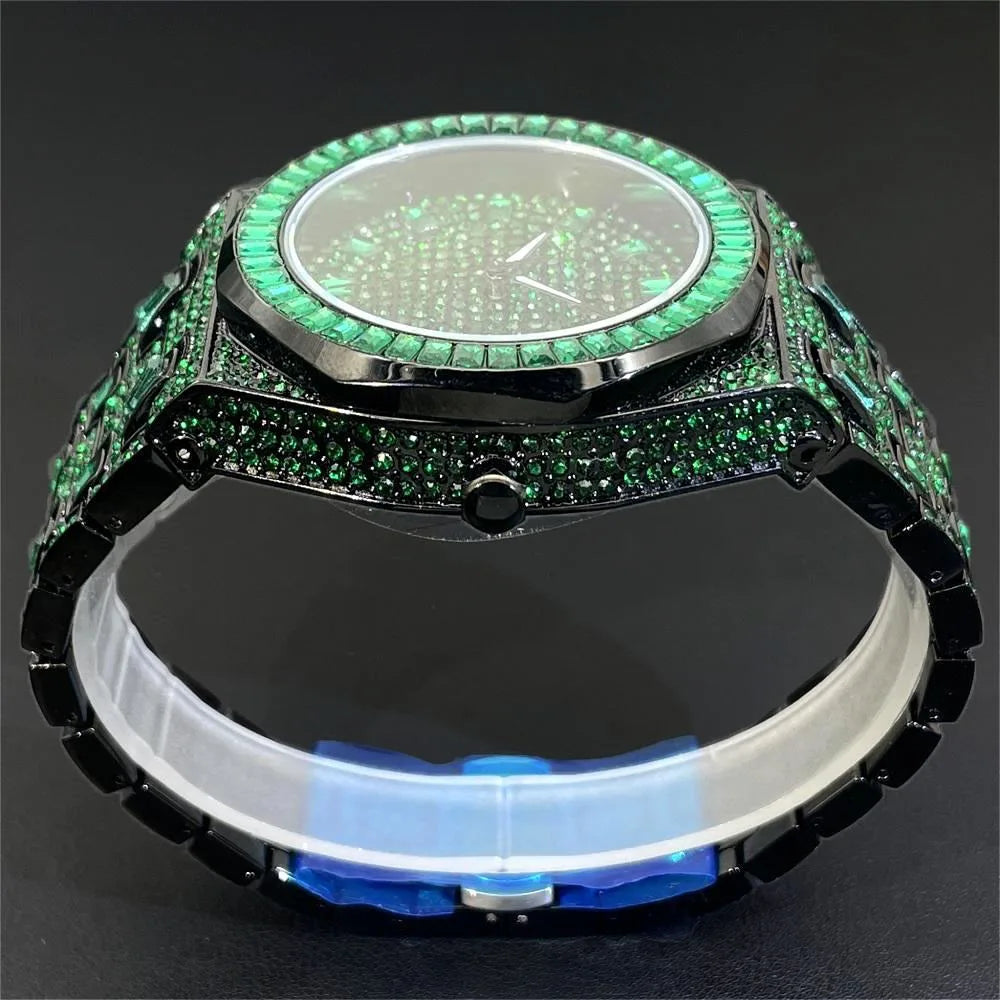 Luxury Men Watches Personalized Green Blingbling Full Diamond Quartz Watch Fashion Ice Out Male Wristwatch Best Sale For Gift - Uknowucme