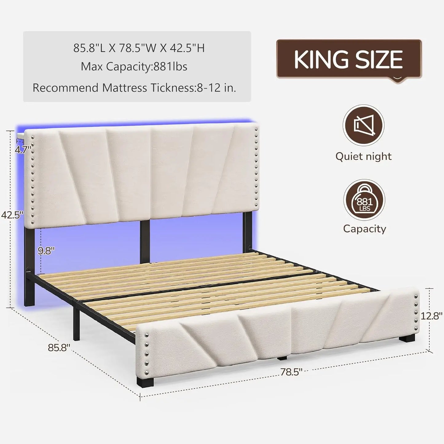 King Size Bed Frame with Velvet Headboard and LED Lights, Storage Headboard Platform Bed with Charging Station - Uknowucme