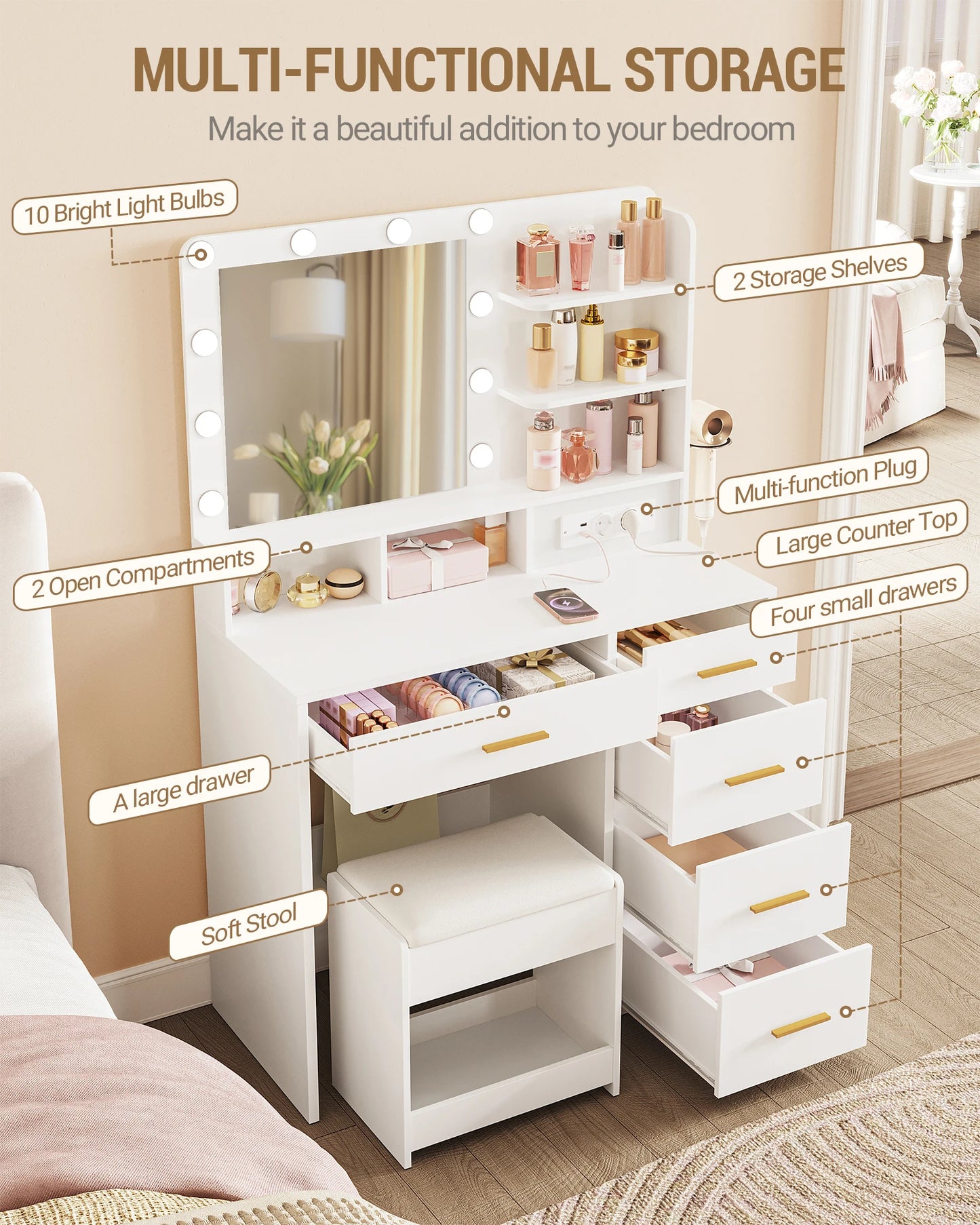 Dressing Table with 10 LED Light Balls, 3 Colors, Dressing Table with Plug and Large Mirror, Stool and Hairdryer Holder, White - Uknowucme
