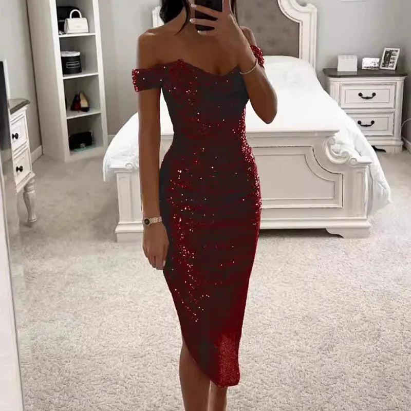 Sexy Asymmetrical Shinny Glitter Fold Long Dress Women Elegant Solid 2024 Winter Banquet Dresses One Shoulder Bodycon Party Robe - Uknowucme