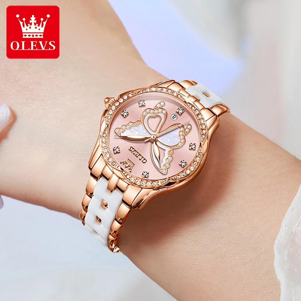 OLEVS 5610 Women's Watches Diamond Butterfly Design Dial Ceramic Strap Waterproof New Fashion Young Girl's Watches Set Gift - Uknowucme