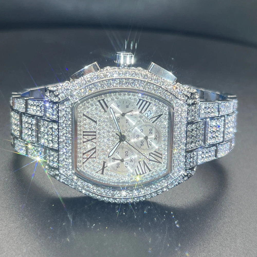 Luxury Men Watch Personalized Bling Diamond Quartz Timepiece Fashion Ice Out Tonneau Big Face Male Chronograph Wristwatch Gift - Uknowucme
