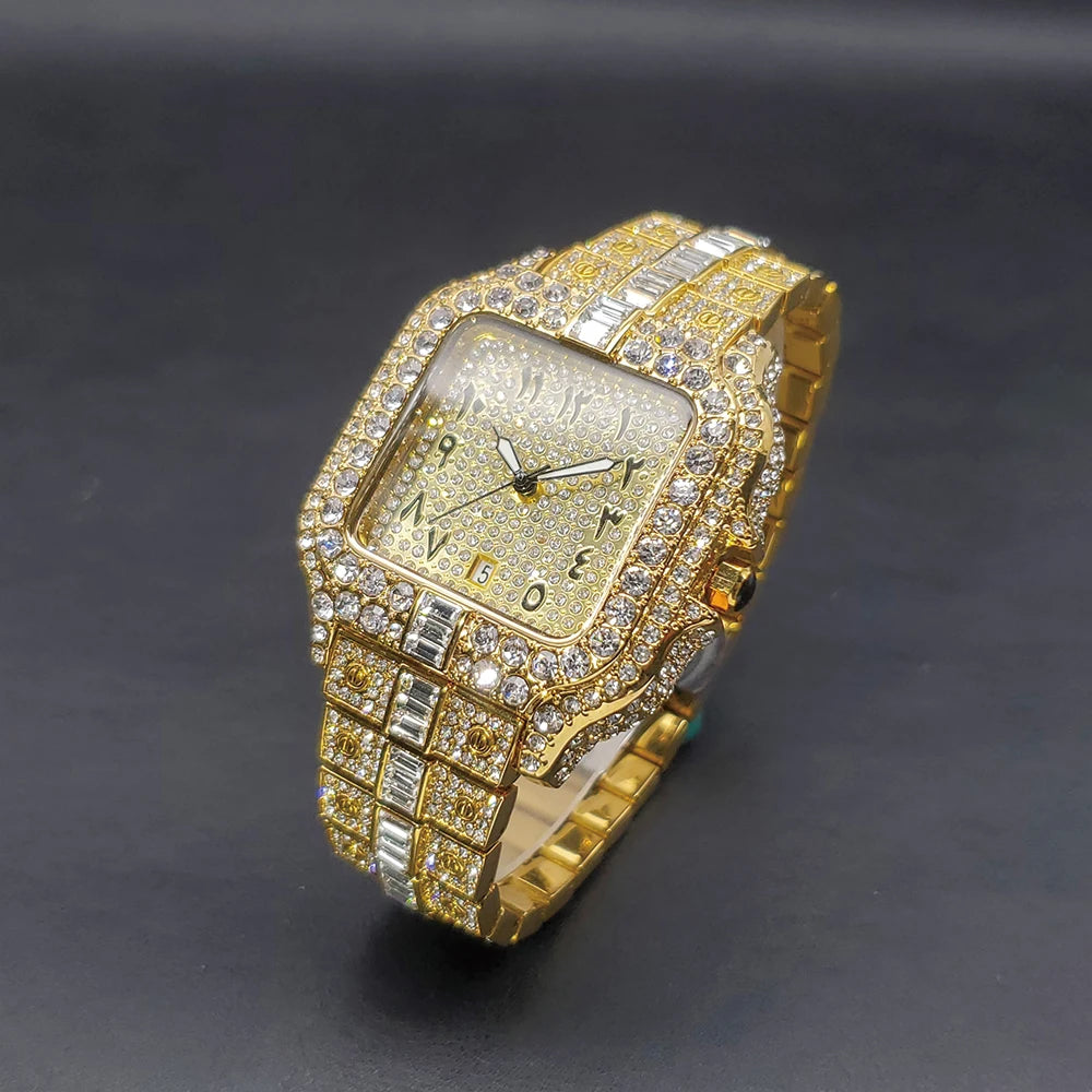 High Quality Gold Men's Watches Top Brand Luxury Full Diamond Bling Wristwatch Fashion Ice Out Stainless Steel Male Clock Gift - Uknowucme