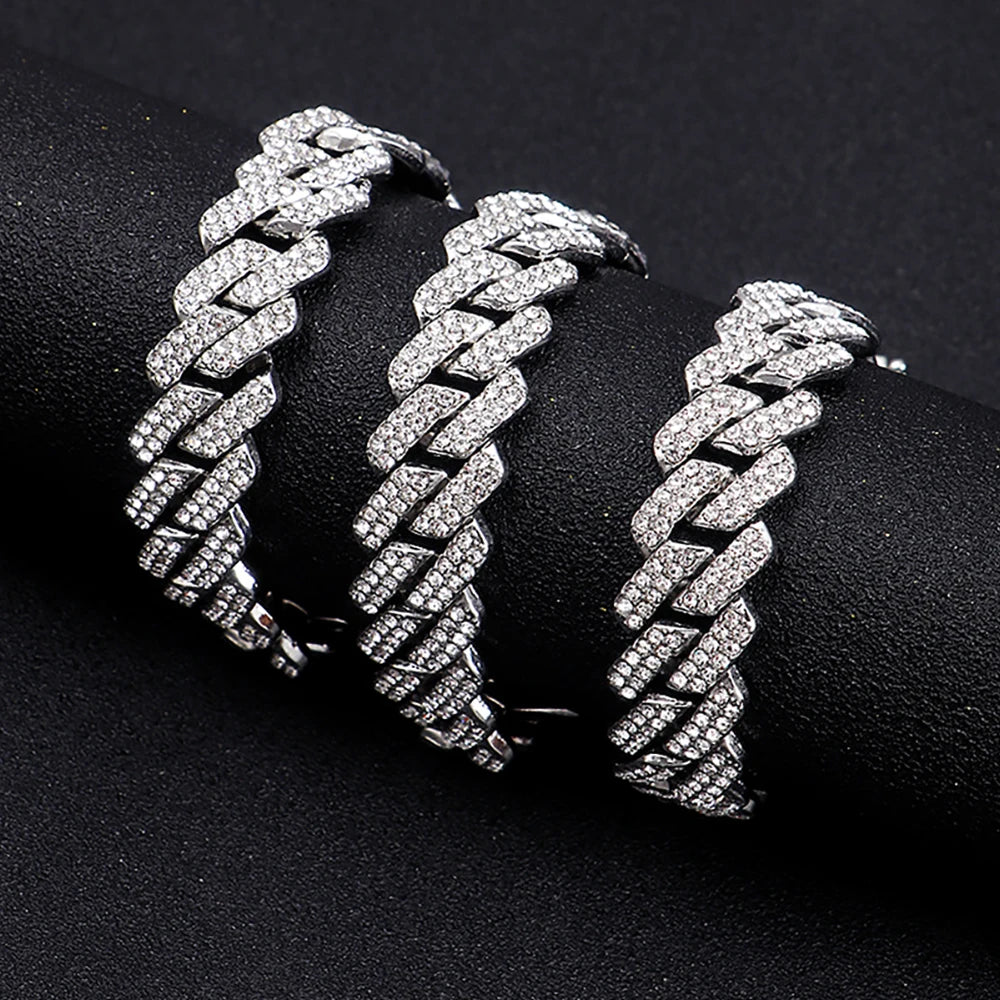 Hip Hop Shiny 15MM Cuban Link Chain Necklace Women Men Silver Color Rhinestone Iced Out Cuban Chain Punk Jewelry Necklace Gift - Uknowucme