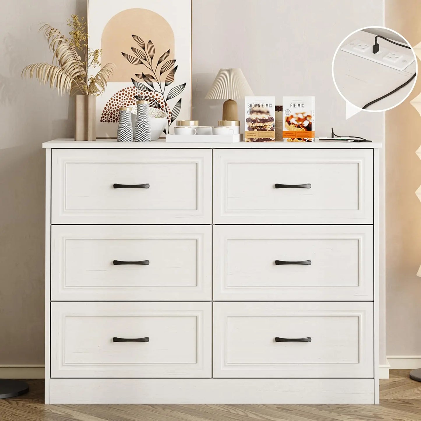 Vabches 6 Drawer Dresser for Bedroom Wood Chest of Drawers with Power Strip Tall Dresser Organizer with Metal Handle for Hallway - Uknowucme