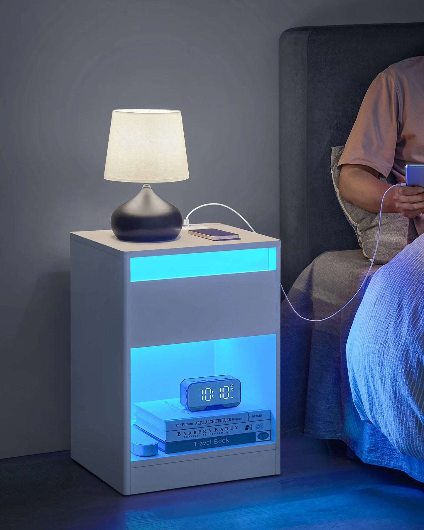 VASAGLE bedside table with adjustable LED lighting, side table table with sockets, drawer, 2 AC sockets, 2 USB ports - Uknowucme
