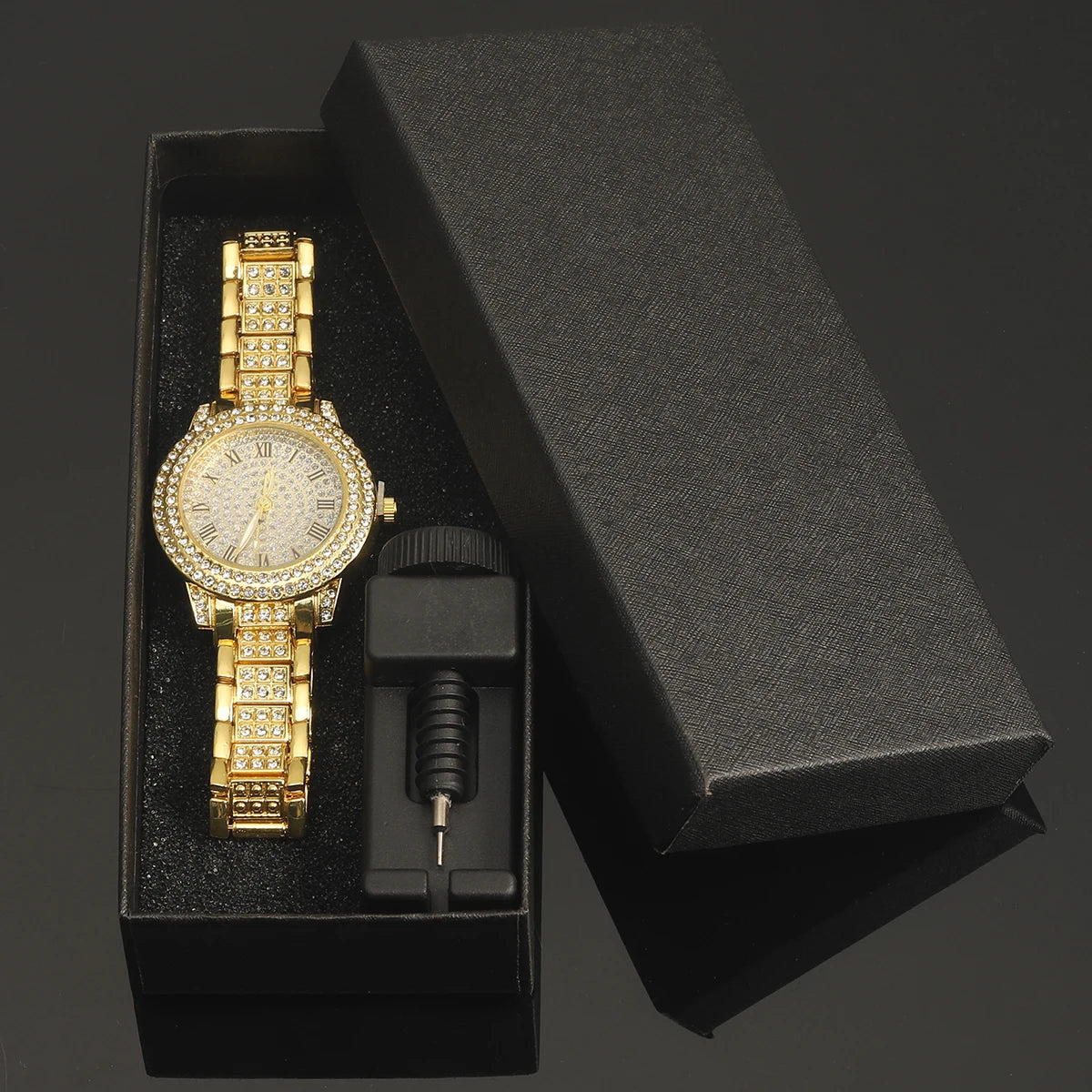 Light Luxury Stylish Women Watch Iced Out Filled With Diamonds Trend Watch Personality Accessories Jewelry Set Gift Box - Uknowucme