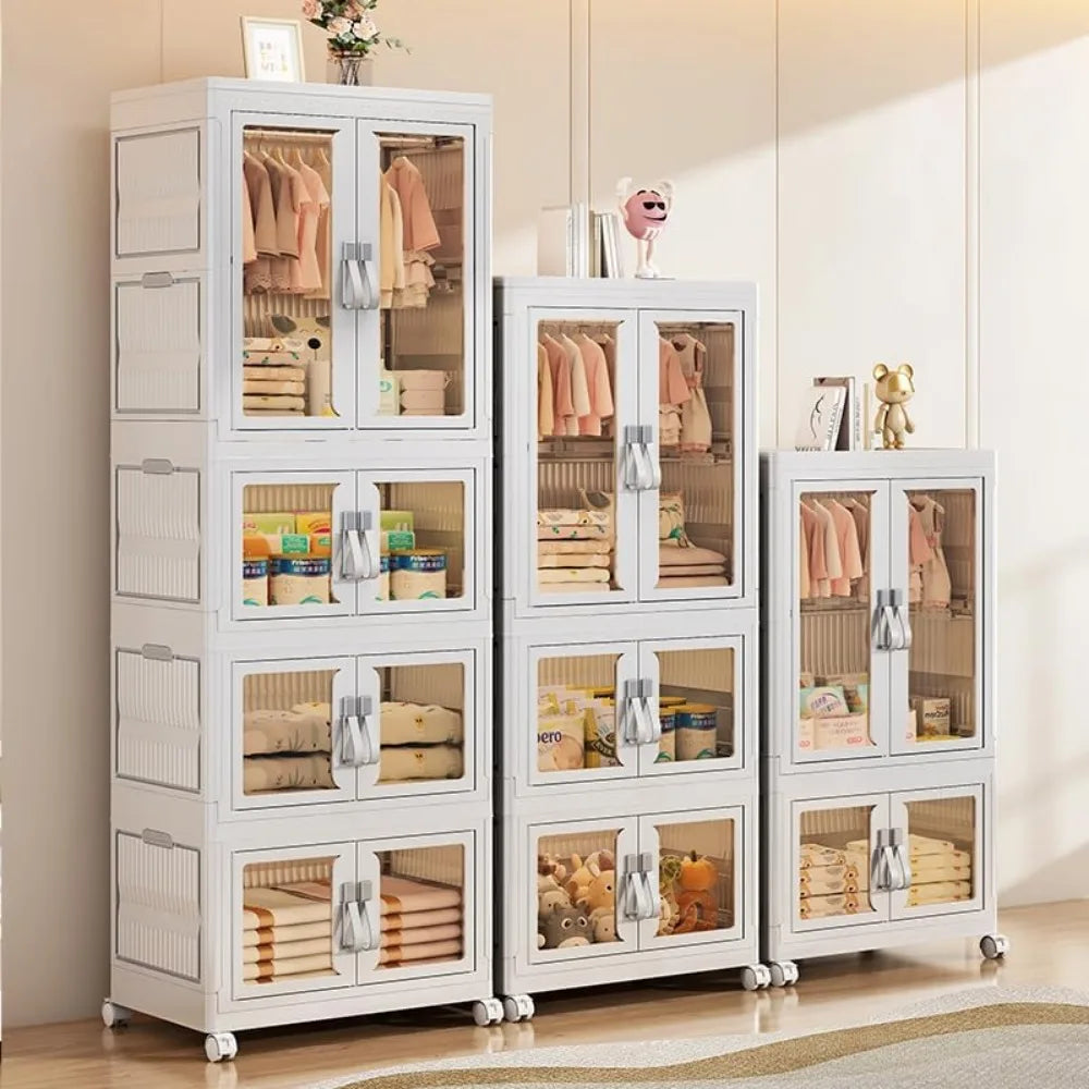 kids wardrobe closet, 4tiers portable foldable children’s clothes organizer with wheels cabinet toddler dresser storage organize
