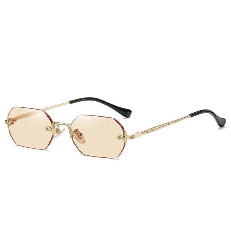 Rimless Rectangle Sunglasses Small Men Glasses Women Metal Gold Polygon Blue Shades 2024 UV400 Frameless - Uknowucme