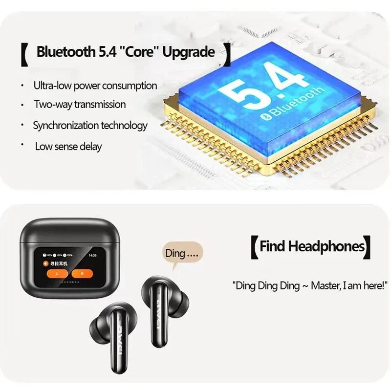 AWEI T56 ANC Wireless Bluetooth V 5.4 Earphones Noise Reduction Headphones Full-Color LED Touchscreen TWS Sport Headest With Mic - Uknowucme