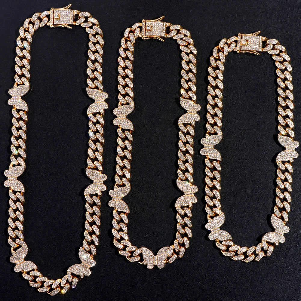 Hip Hop Iced Out Cuban Link Chain Butterfly Necklace for Women Gold Silver Color Rhinestone Paved Miami Cuban Necklaces Jewelry - Uknowucme