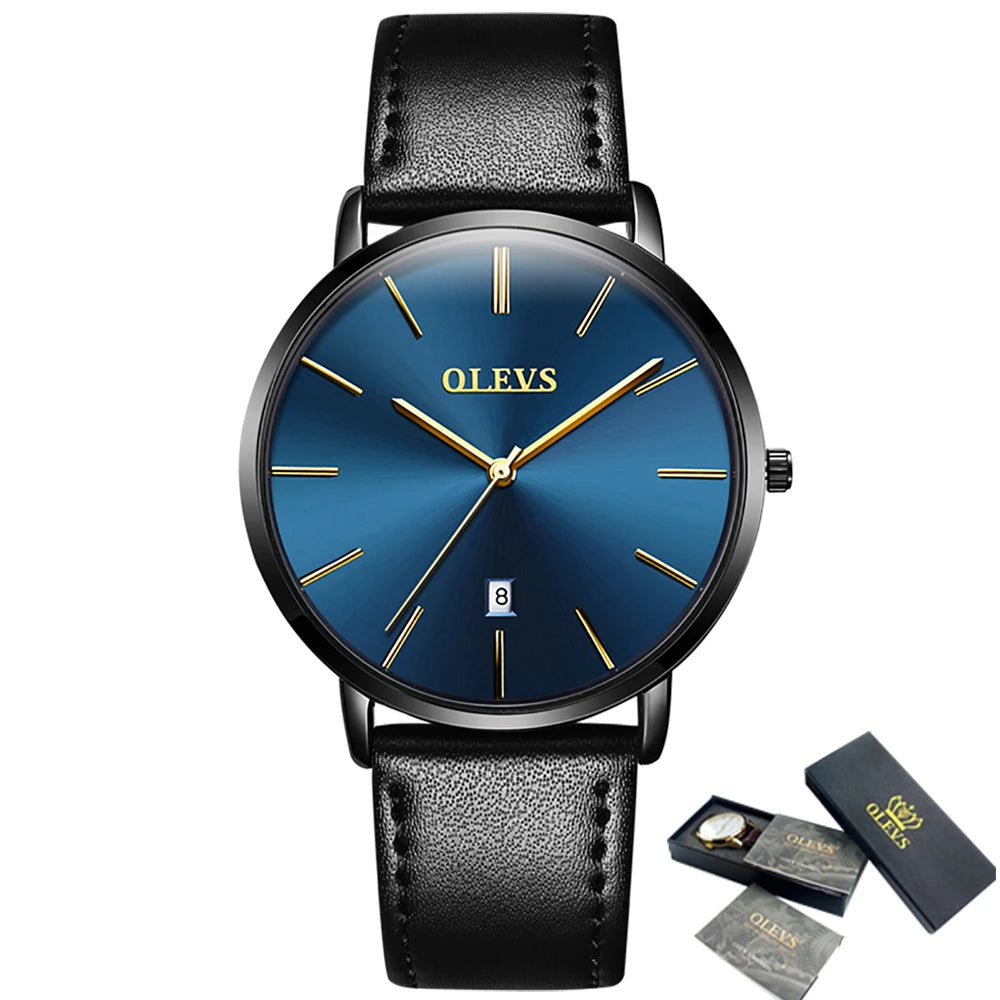 New In OLEVS Quartz Watch for Men Ultra Thin 6.5mm Minimalist Waterproof Date Bussiness Watch Fashion Leather Strap Men's Watch - Uknowucme