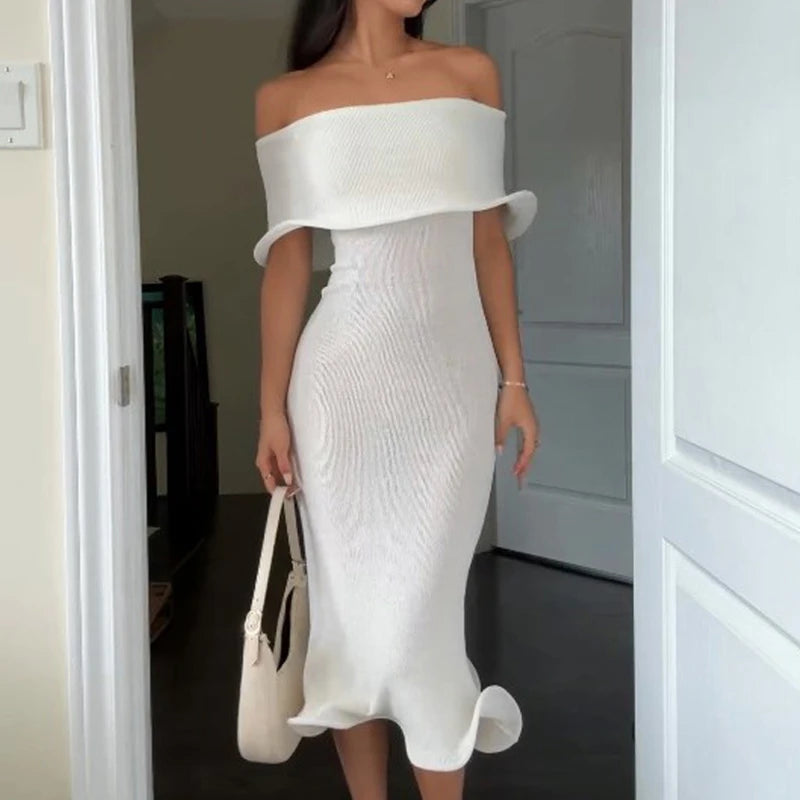 Sexy Solid Lotus Edge Midi Dress Elegant Princess One Shoulder Slim Party Dress 2024 Women Shawl Sleeve Bodycon Tube Tops Dress - Uknowucme