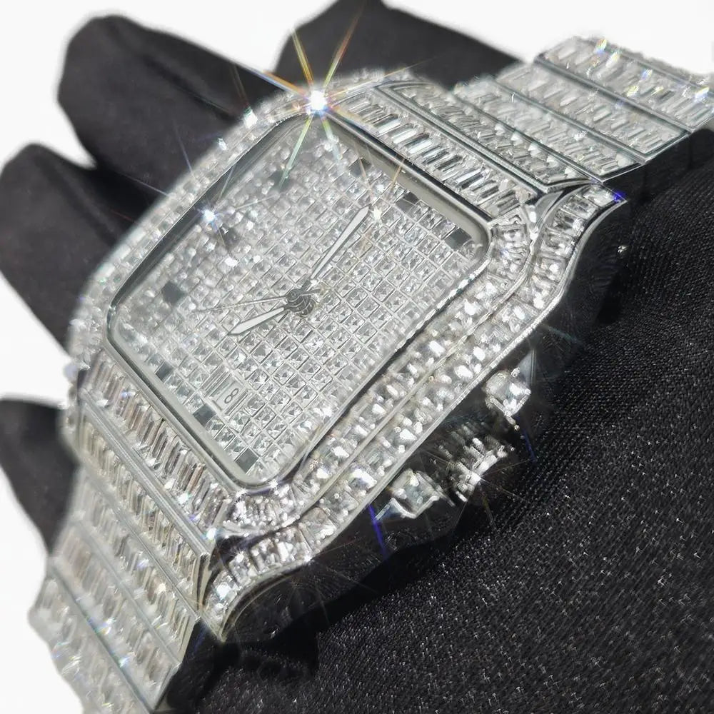 Hot Luxury Square Diamond Watch for Men Hip Hop Style Bling Bling Iced Out Wristwatch Fashion Stainless Steel Waterproof Clock - Uknowucme