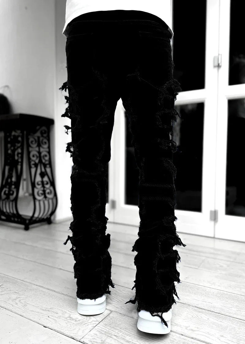 Spliced Distressed Denim Pants Men Jeans Ripped Mid Waist Pockets High Street Jean Skinny Washed Ankle Length Pencil Pants - Uknowucme