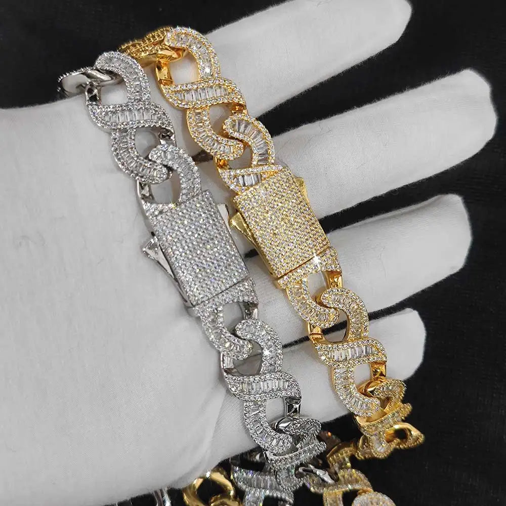 15MM Gold Filled Diamond Infinity Link Bracelet Necklace Iced Out Baguette & Round Infinity Cuban Necklace - Uknowucme