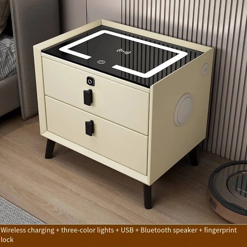 Luxurious Solid Wood Nightstand Three-Drawer Smart Bedside Table Compact Bedroom Leather Accents Integrated Wireless Charging