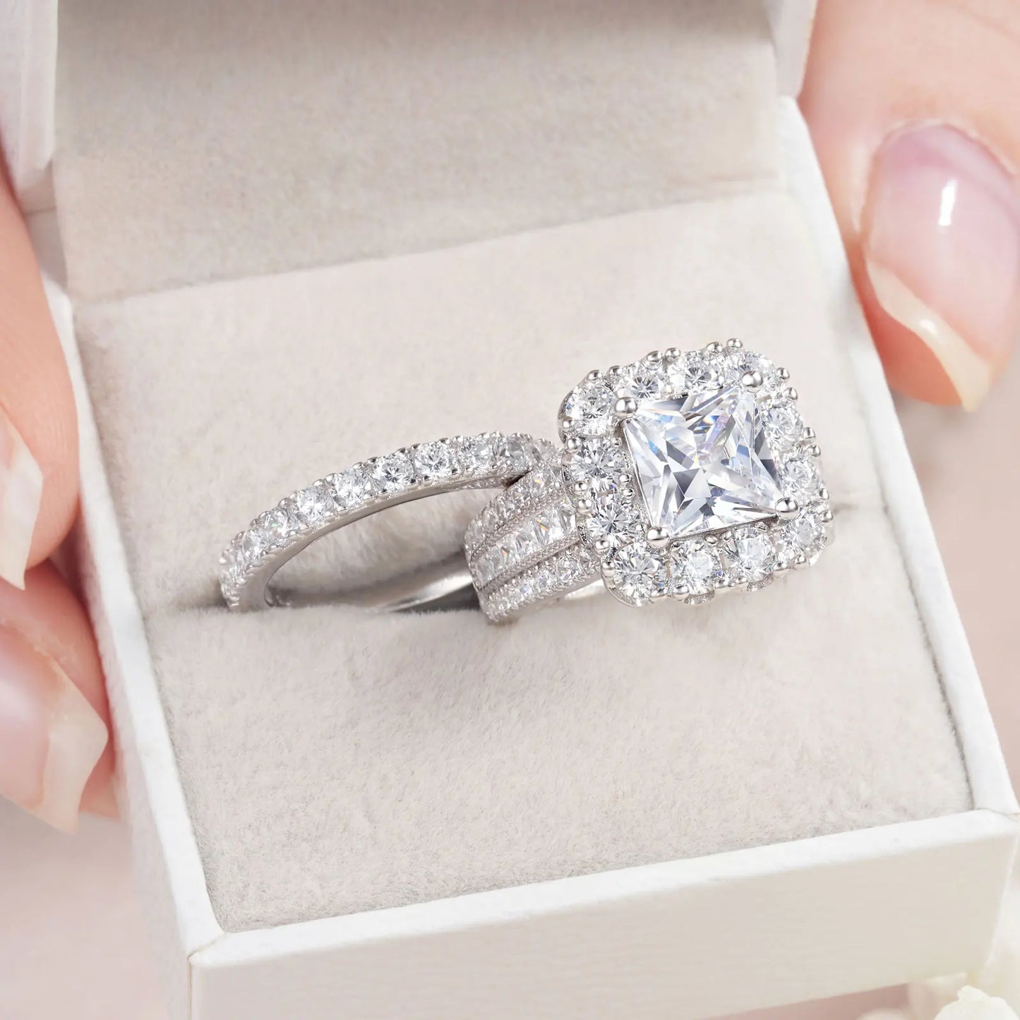 Newshe 2Pcs 925 Silver Wedding Rings Set for Women Halo Princess Cut Black White Cubic Zircon Vintage Luxury Engagement Ring - Uknowucme