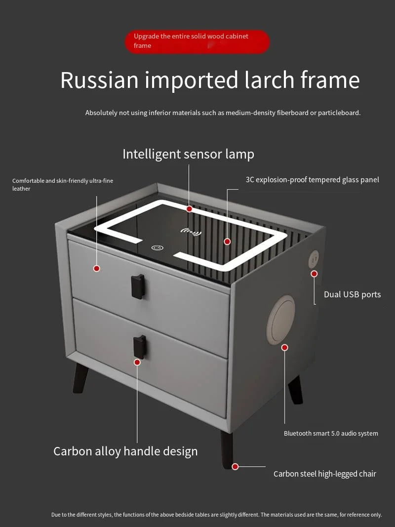 Luxurious Solid Wood Nightstand Three-Drawer Smart Bedside Table Compact Bedroom Leather Accents Integrated Wireless Charging