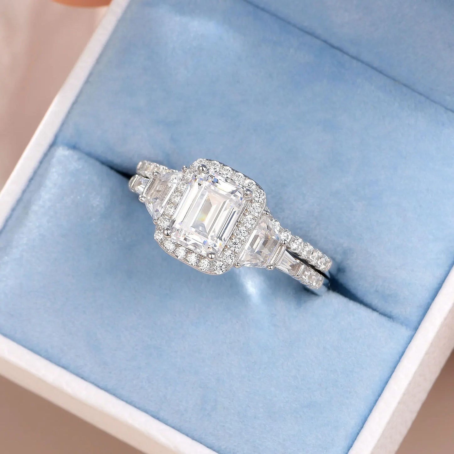 Newshe Wedding Rings for Her AAAAA Cubic Zircon Women's Bridal Sets 925 Sterling Silver Emerald Cut Engagement Ring Size 5-10 - Uknowucme