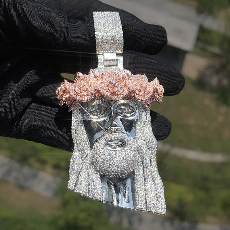 Hip Hop 5A+ CZ Stone Paved Bling Ice Out Rose Flower JESUS PIECE Pendants Necklaces for Men Rapper Jewelry Gold Silver Color - Uknowucme
