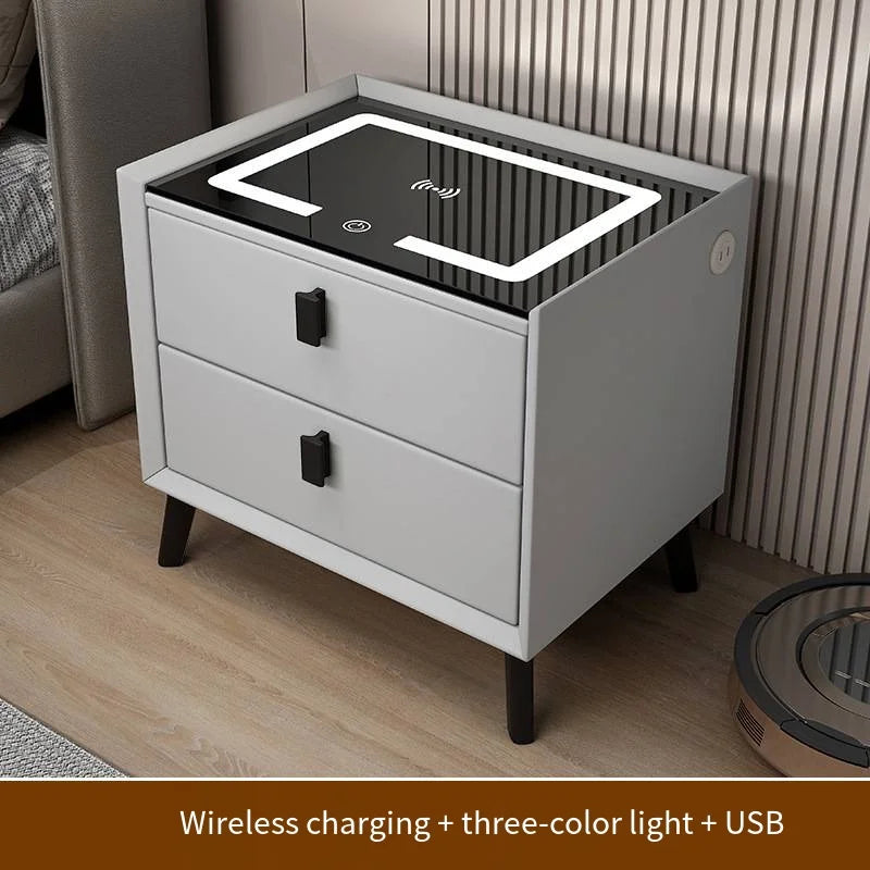 Luxurious Solid Wood Nightstand Three-Drawer Smart Bedside Table Compact Bedroom Leather Accents Integrated Wireless Charging