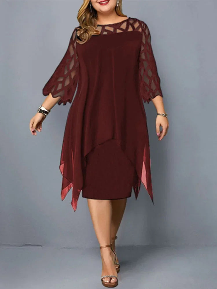 Sleeve Hollow Out Solid Sexy Women'S Clothing Evening Dresses 2023 Elegant Midi Party Dress For Chubby Women Xxl O Neck Lace - Uknowucme