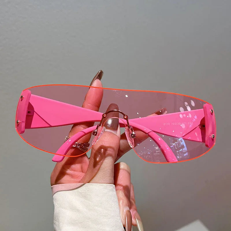 Y2K Rimless Brand Designer Sunglasses Women For Men 2023 One Piece Trending Luxury Sun Glasses Rivet Steampunk Pink Shades UV400 - Uknowucme