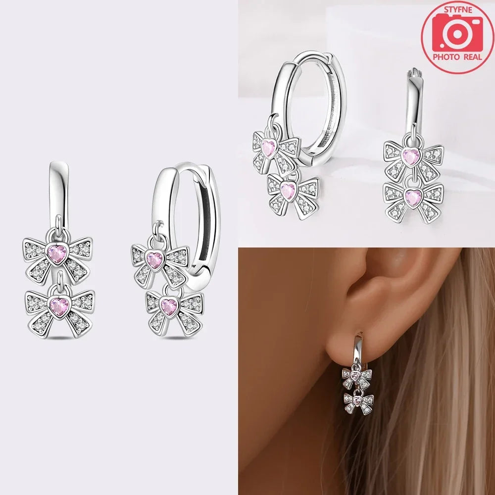 Hoops Earrings Women Two Butterflies Pink Zircon 925 Sterling Silver Earrings Fit Jewelry Fine Gift Anniversary Party - Uknowucme