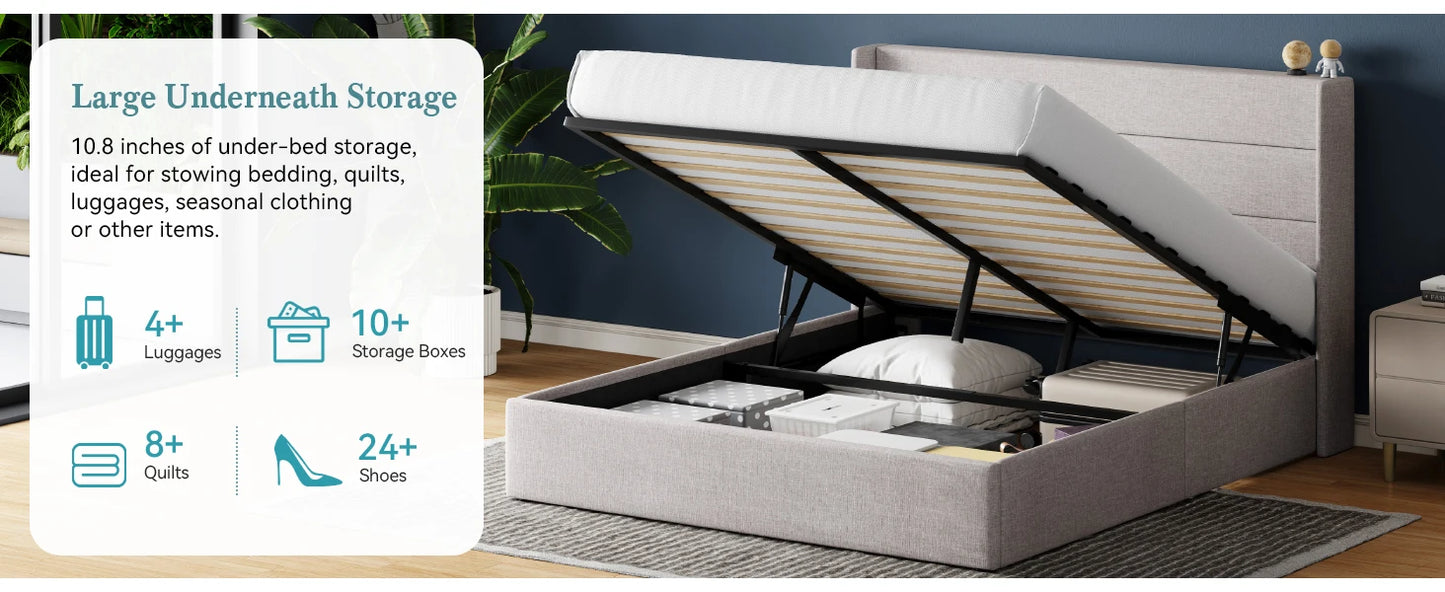 HOOMIC Lift Up Storage Bed with Wingback Headboard/Heavy-Duty Hydraulic Bed/Large Underneath Storage Allewie - Uknowucme