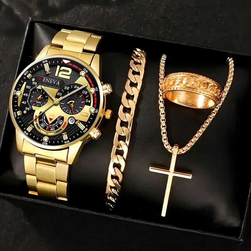 Fashion Roman Scale Quartz Wristwatch 4pcs Set Men Business Watch Fake Three Eyes Calendar Cross Necklace Bracelet Ring Set - Uknowucme