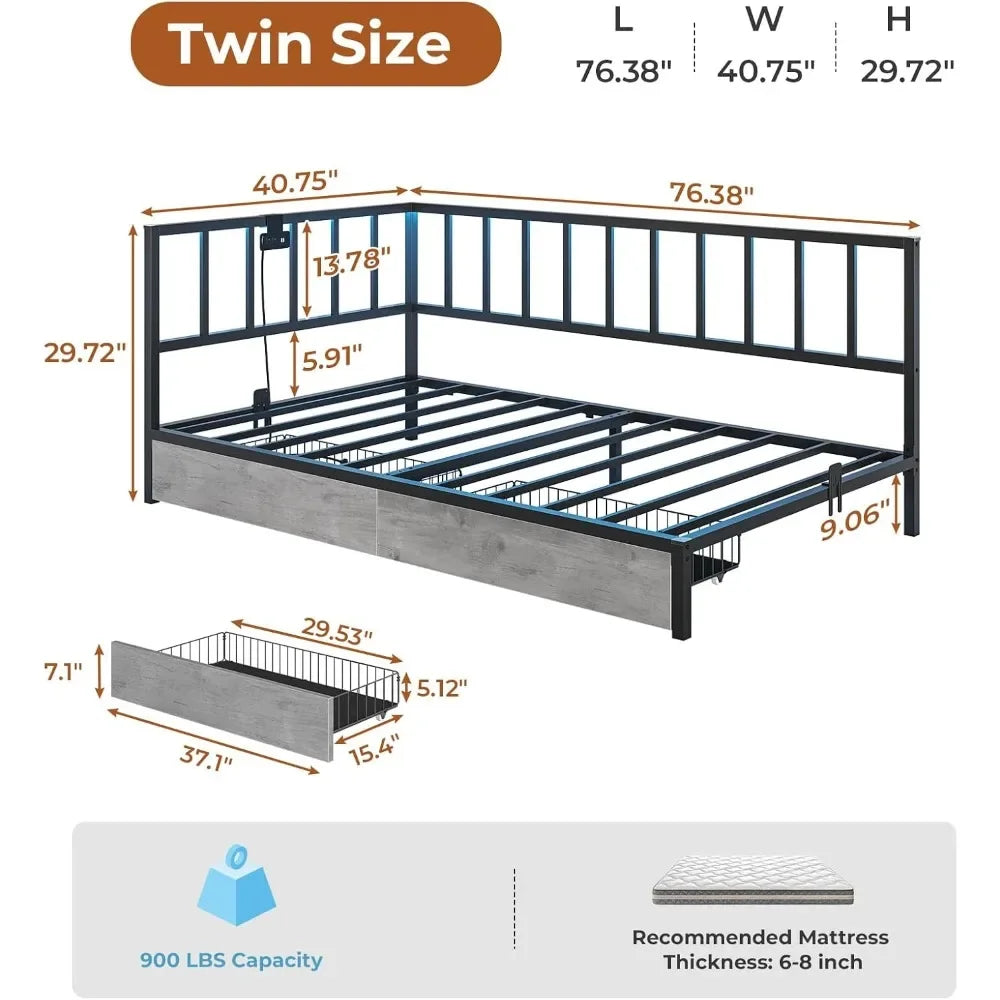 Led Bed Frame with 2 Storage Drawers and Charging Station Twin Platform Corner Bed Frame with Upholstered Guardrail Daybed - Uknowucme