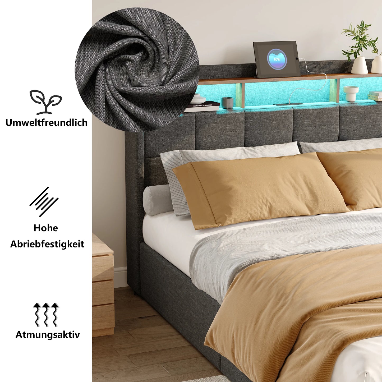 Creahappy Twin Bed Frame - Upholstered bed in grey - With USB charging port - With LED lighting - Storage drawers on both sides - Uknowucme