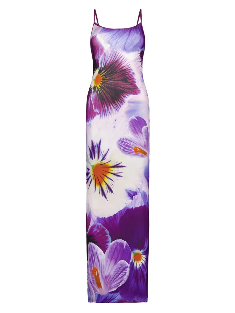 Tossy Contrast Spaghetti Slim Maxi Dress Female Printed Off-Shoulder Fashion Holiday Beach Dress Patchwork Summer Party Dress - Uknowucme