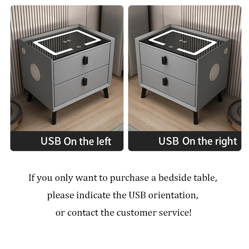 Luxurious Solid Wood Nightstand Three-Drawer Smart Bedside Table Compact Bedroom Leather Accents Integrated Wireless Charging