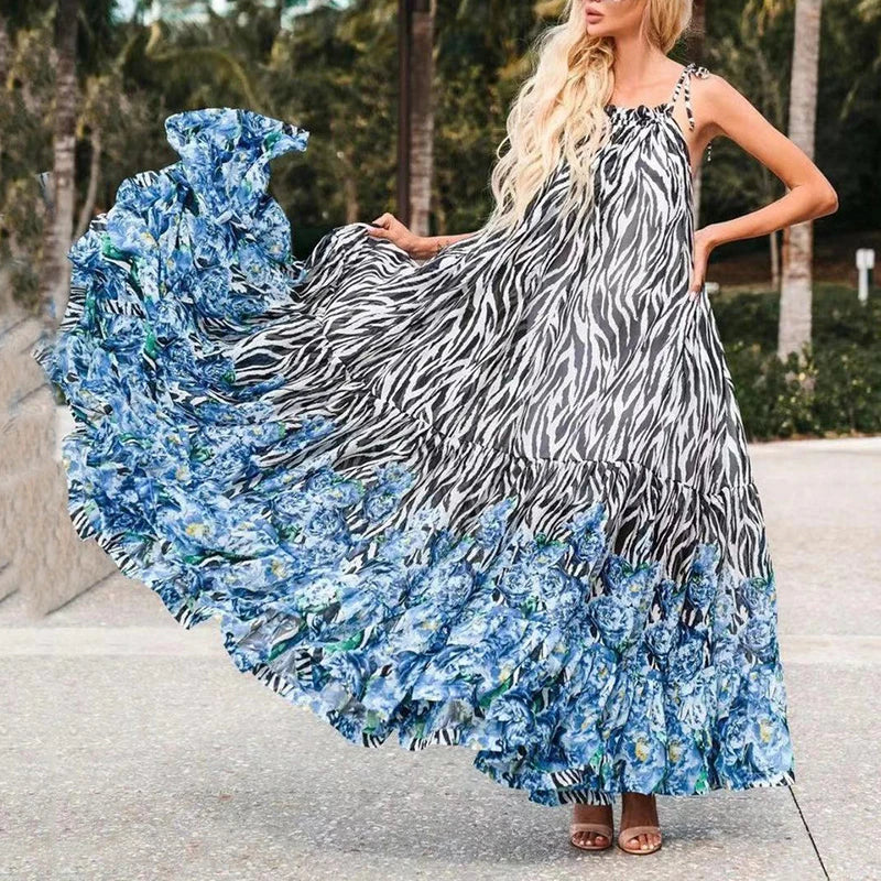 Sexy Summer Party Dress Women Fashion Bow Straps High Waist Pleated Beach Dress Chiffon Casual Floral Print Bohemian Long Dress - Uknowucme