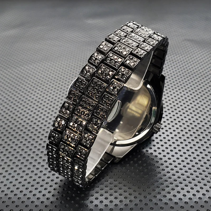 Stylish Black Crytal Watch For Men Unique Full Paved Diamond Quartz Timepiece Top Brand Fashion Bling Ice Out Male Hip Hop Clock - Uknowucme