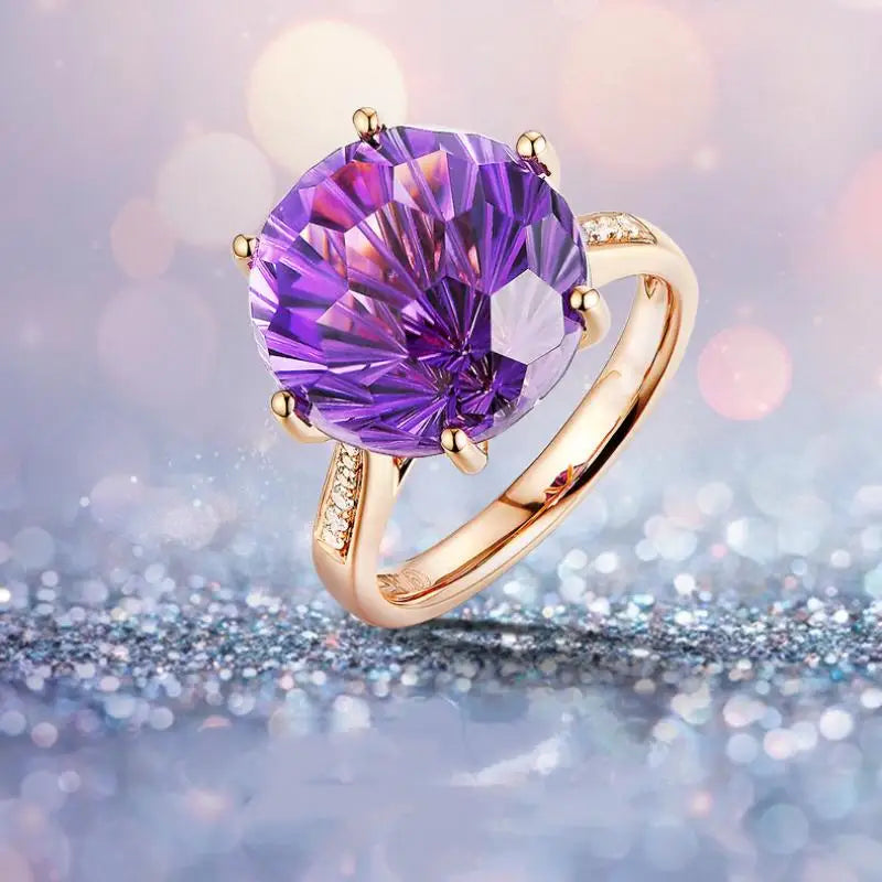 HOYON 18K Rose Gold Colorful Brazilian Natural amethyst Ring Six claw Temperament Colorful Gem Diamond Style Ring Opening Ring - Uknowucme