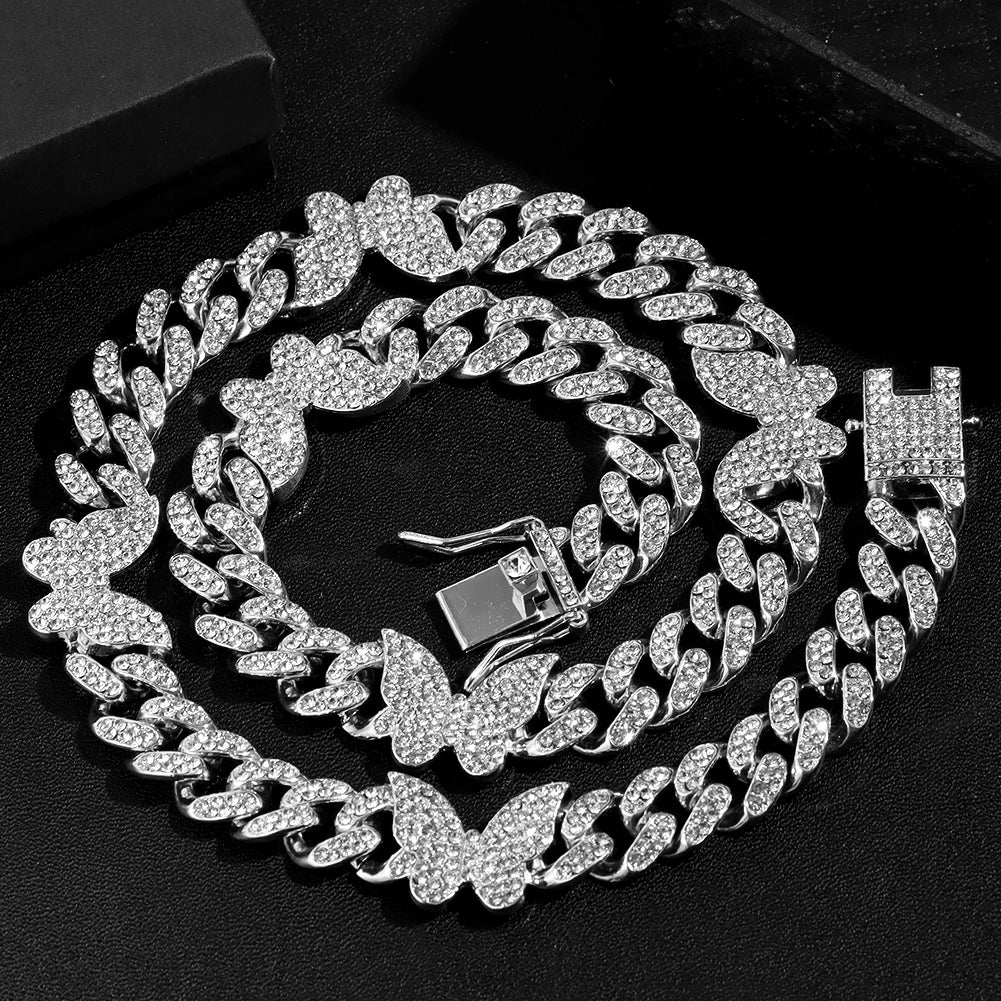 Hip Hop Iced Out Cuban Link Chain Butterfly Necklace for Women Gold Silver Color Rhinestone Paved Miami Cuban Necklaces Jewelry - Uknowucme