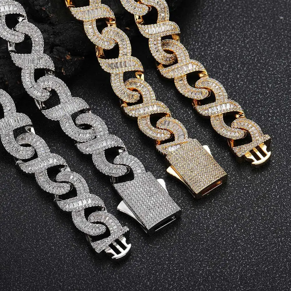 15MM Gold Filled Diamond Infinity Link Bracelet Necklace Iced Out Baguette & Round Infinity Cuban Necklace - Uknowucme