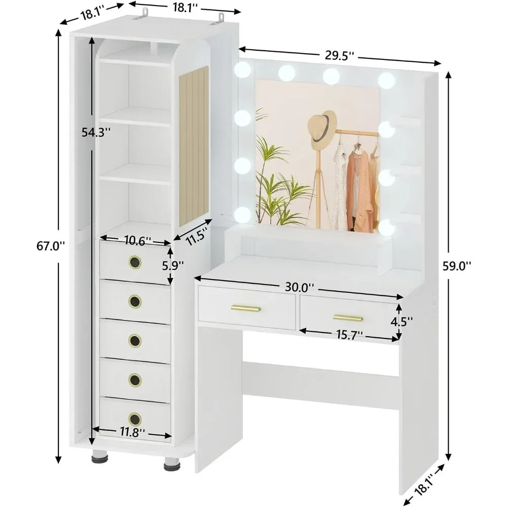 Vanity, 360° Swivel Cabinet with Full-Length Mirror, Jewelry Storage Shelf & Bulletin Board, Vanity Table with Charging Station - Uknowucme