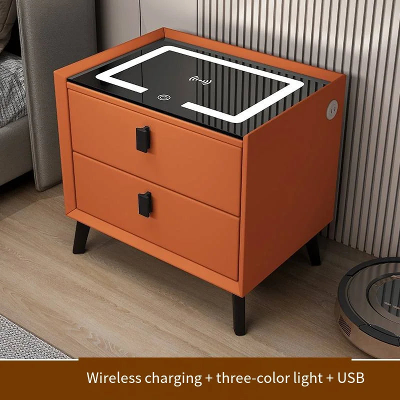 Luxurious Solid Wood Nightstand Three-Drawer Smart Bedside Table Compact Bedroom Leather Accents Integrated Wireless Charging