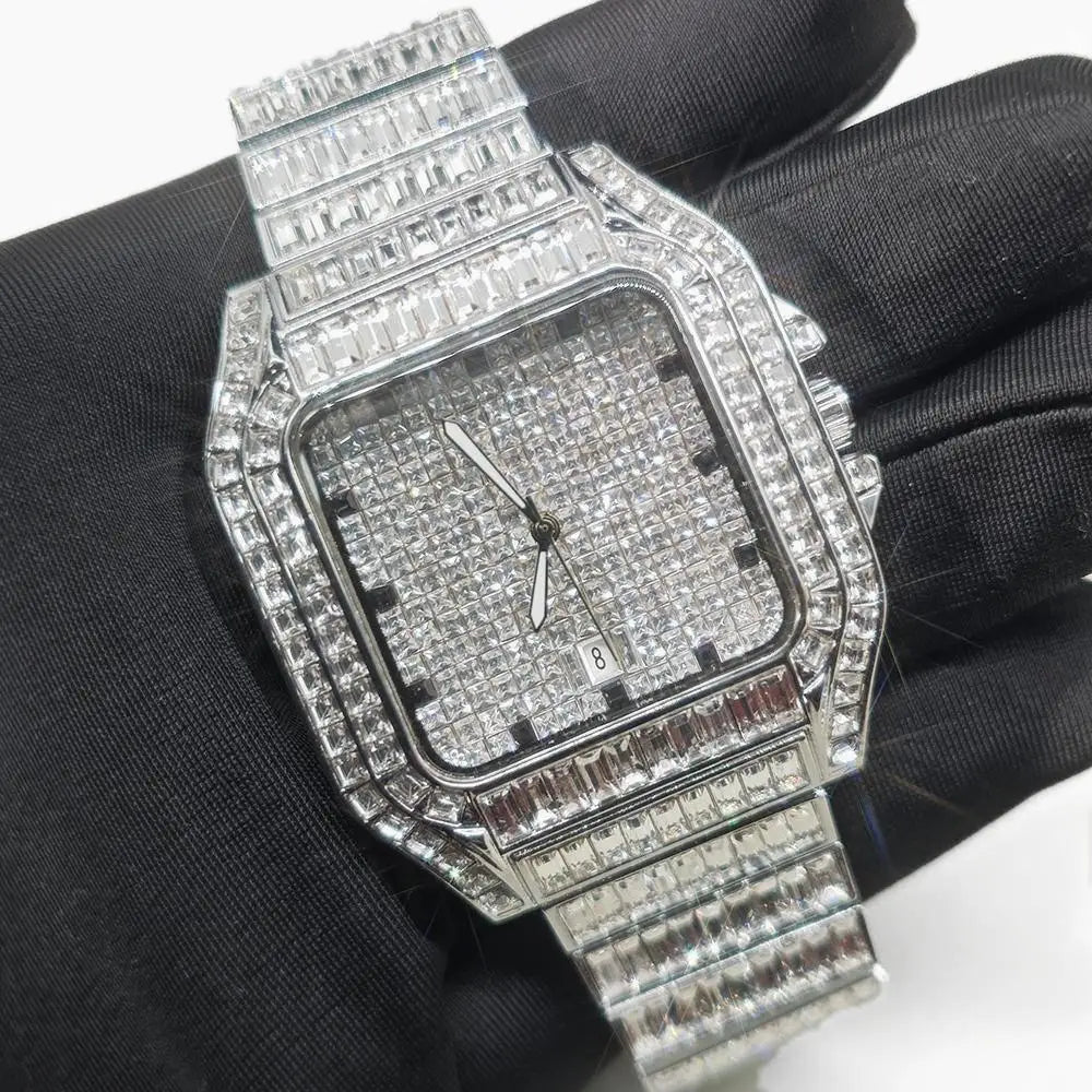 Hot Luxury Square Diamond Watch for Men Hip Hop Style Bling Bling Iced Out Wristwatch Fashion Stainless Steel Waterproof Clock - Uknowucme