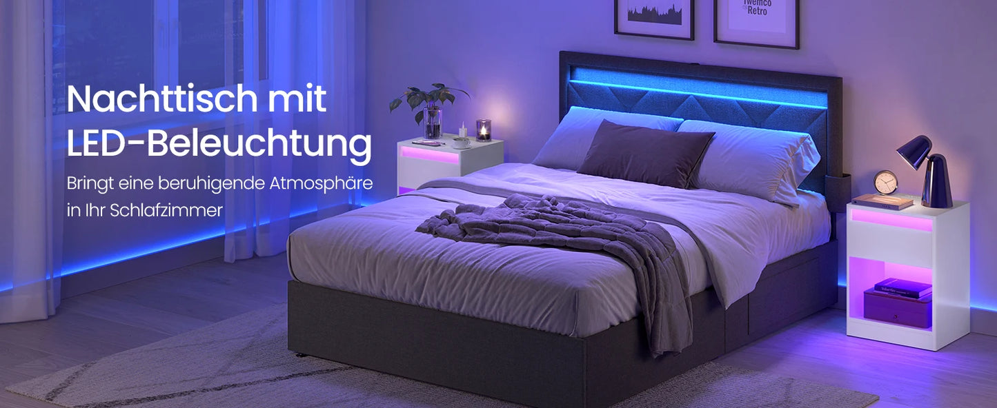 VASAGLE bedside table with adjustable LED lighting, side table table with sockets, drawer, 2 AC sockets, 2 USB ports - Uknowucme